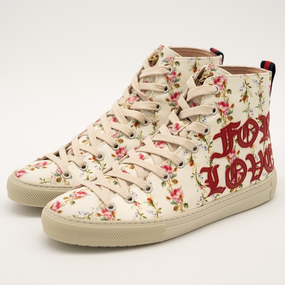 size 38eu 8us Gucci Blind For Love Floral Print High Top Sneakers Canvas Red - Picture 1 of 14